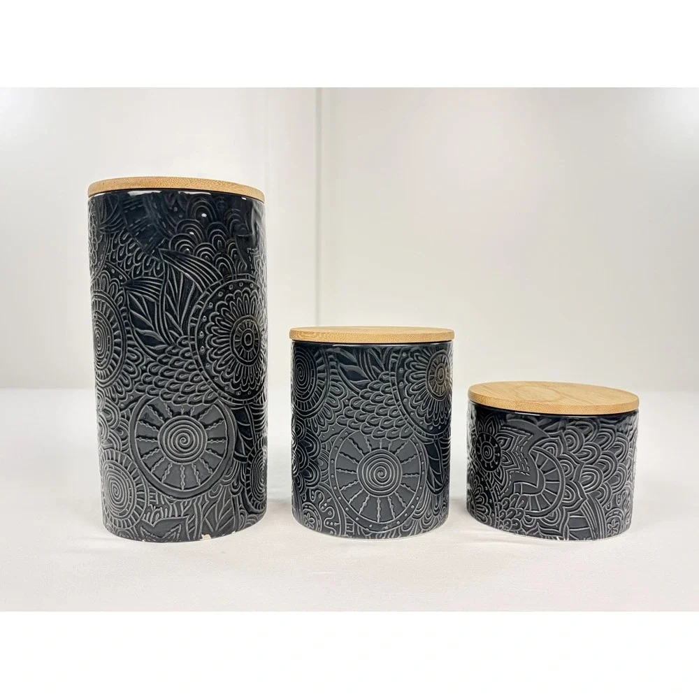 Atelier Ceramic Kitchen Canister Set 3 Piece Blue Embossed Floral Wood Lids
